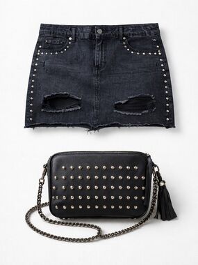 Guess Black Denim Mini Skirt with Studs and Studded Black Crossbody Bag Set